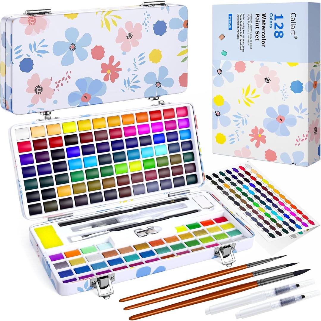 Caliart 128 Colors Watercolor Paint Set Portable, for Adults Artists Professional, Art Supplies Watercolor Painting Kit Sketch Coloring Drawing Gifts (Multicolor)