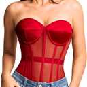 Kaei&Shi Sheer Mesh Overbust Corset, Sexy Strapless Lace Up Satin Bra Corsets Top For Women Shapewear Red Large