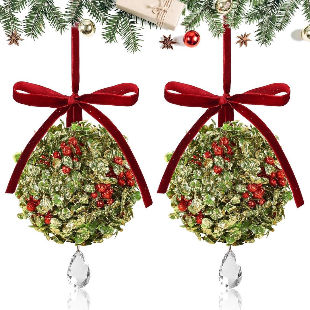 2 PCS Christmas Mistletoe Decoration Artificial Mistletoe Hanging Crystal Ornament Kissing Ball with Berry Bow for Doorway Home Xmas Tree Friendship Holiday Party Arch Ceiling Decor (Red)