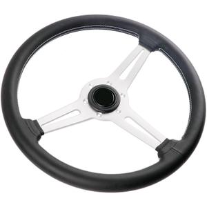 14 inch/350mm Genuine Leather Steering Wheel with Silver Spokes Flat Drift Racing Steering Wheel White Stitching