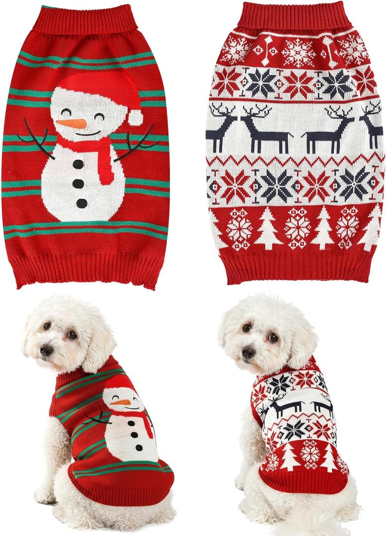 2PCS Dog Christmas Sweater, Soft Warm Pet Clothes Coat for Medium Dogs and Cats Boy Girl, Fall Cozy Holiday Turtleneck Knitting Collar Pullover Pup Outfit Costume for Thanksgiving New Year (M, Red Deer+Snowman)