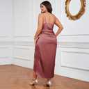 Women's Plus Size Satin Spaghetti Strap Cowl Neck Wrap Party Cami Dress Brown XL (XL)