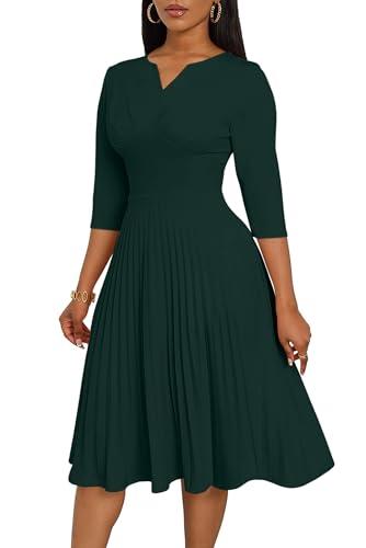 CLOCOR Midi Dresses for Women Casual Fit and Flare A-Line Pleated Swing Dress 3/4 Sleeve V Neck Church Cocktail Dress Dark Green 2XL