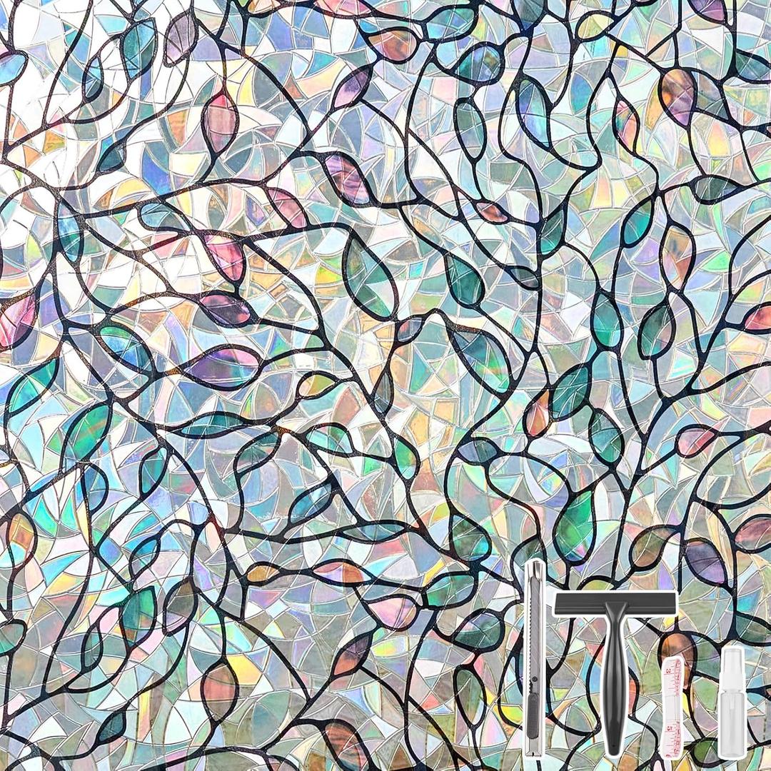 Kromapolis Window Film Window Privacy Film 3D Stained Glass Window Sticker Static Cling Sun Blocking Window Coverings for Glass Door and Home Decor, Non-Adhesive, Multicolor, 35.4 x 157.4 inches (35.4In x 157.4In)