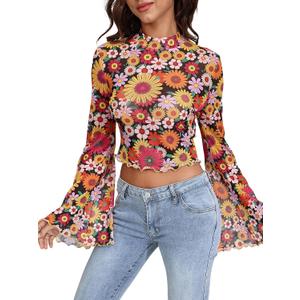 Women's Y2K Floral 70s Top Hippie Shirt Sheer Mesh Tee Shirt Disco Long Bell Sleeve T Shirts Crew Neck Boho Crop Tops (X-Large)