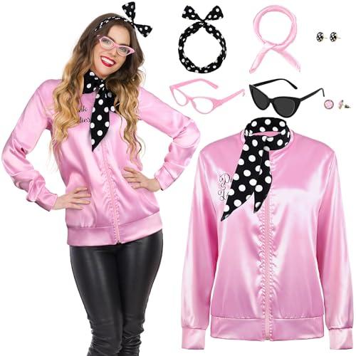 AOTHSO 1950s Pink Satin Jacket with Headband Scarves Earrings Glasses for Women 8 Pieces Halloween Adults Cosplay Costume Set, 3X-Large