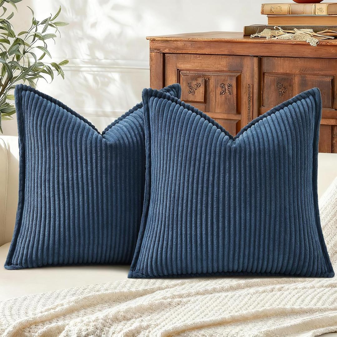 Mecatny Corduroy Throw Pillow Covers 16x16 Set of 2, Neutral Decorative Soft Boho Couch Pillow Covers with Broadside for Sofa Living Room, Navy