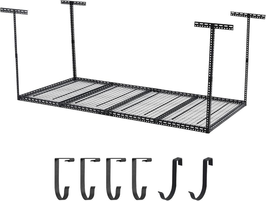 Garvee 4x8 FT Overhead Garage Storage Rack, Height Adjustable Garage Storage Organization Systerm, Metal Garage Ceiling Storage Racks with 660lbs Weight Capacity, 4 Vertical PostBlack
