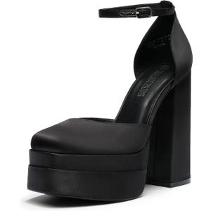 DREAM PAIRS Women’s High Chunky Platform Closed Toe Block Heels Square Toe Ankle Strap Dress Wedding Party Pumps Shoes Aurelia,Size 10,Black-Satin,SDPU2319W