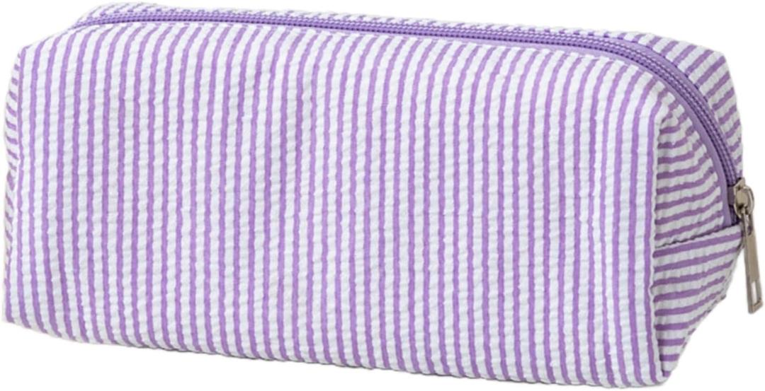 Cute Pencil Case, Seersucker Pencil Bag Desktop Stationery Finishing Large Capacity Embroidery Striped Travel Storage Bag, Multifunctional Cosmetic Pouch, (Purple)