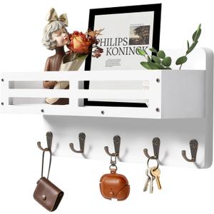 Key Holder Wall Mount Farmhouse Key Hooks for Wall with Mail Organizer Decorative Key Rack with 5 Sturdy Hooks for Dog Leash, Sunglasses, Rustic, Paulownia Key Hanger for Entryway