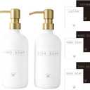Glass Soap Dispenser 2 Pack - Modern Bathroom & Kitchen Sink Dispenser with Waterproof Labels (White Bottles+Gold Pumps)