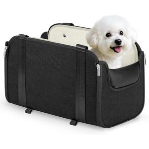 YUDODO Large Dog Car Seat for Center Console (Width9in) Fits 0-18lbs, Anti-Slip Puppy Cat Travel Portable Booster Seat, Portable Pet Car Bed Carseat Dual Front & Rear Pillow Black