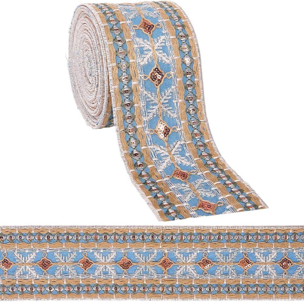 CABODYALS 3 Inch Denim Blue Jacquard Embroidered Ribbon Trim Tape Wide Polyester Sequin Bead Embroidery Woven Fabric Applique Ribbons Bulk for Sewing Making Crafts Clothes Dress Wedding Home Decor Diy