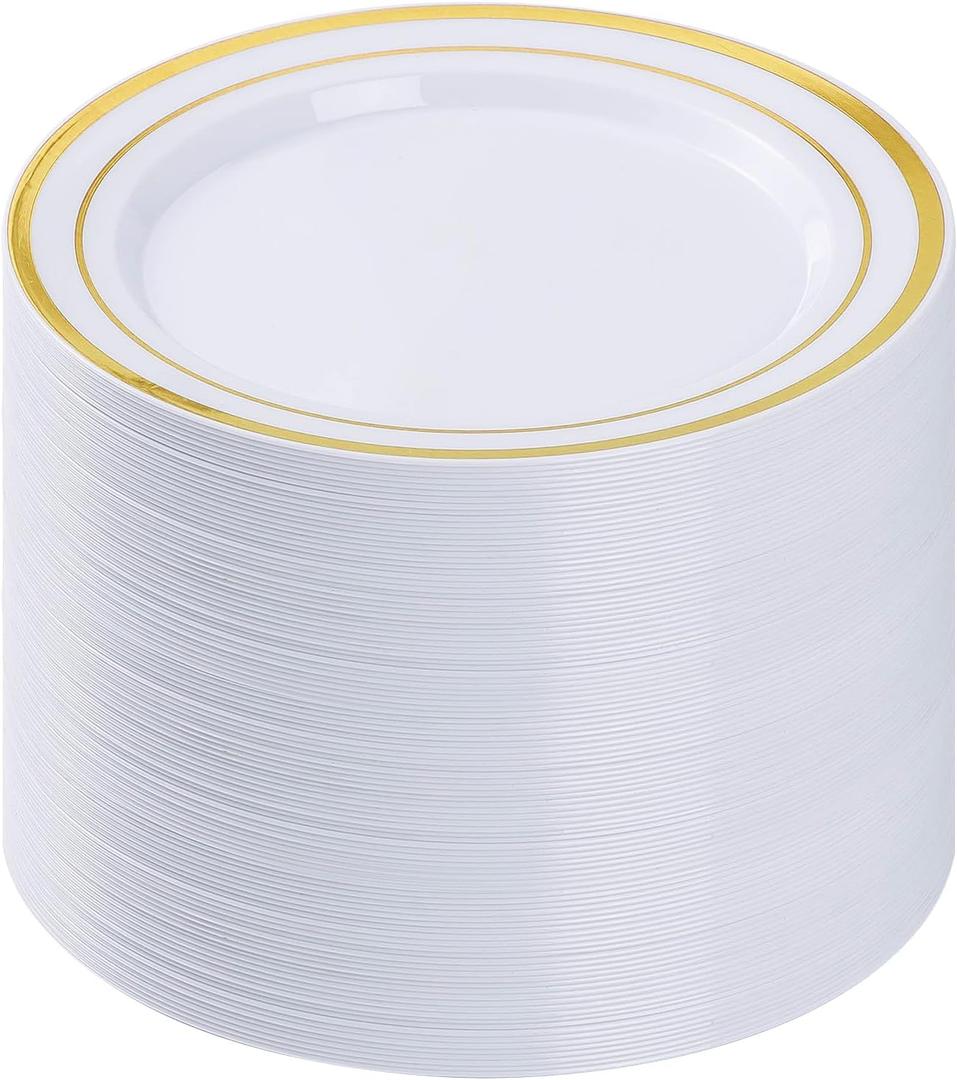 BESTVIP 100PCS Gold Plastic Plates, 10.25 Inch Disposable Dinner Plate Party with Gold Rim for Christmas, Thanksgiving, Heavy Duty Disposable Plastic Plates for Party, Wedding and Birthday, Events