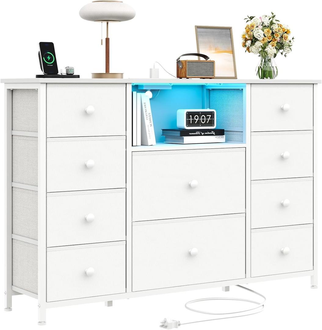Dresser for Bedroom with 10 Drawers, White Storage Organizer TV Stand for 55" TV with LED Lights and Sockets, Fabric Chest of Drawers with PU Finish for Kid Room, Entryway, Living Room, Hallway