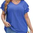 IN'VOLAND Womens Plus Size Blouse Hollow Loose Fit V Neck Ruffle Sleeve Summer Casual Tshirts Tops Royal Blue 22W