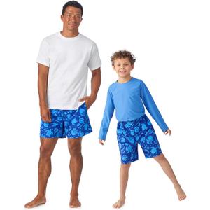 Saint Eve Dad and Son Family Matching Swimwear - Mens Swim Trunks & Boys Short or Long Sleeve Rash Guard & Shorts Sets (Small (7/8), Blue Sea Life)