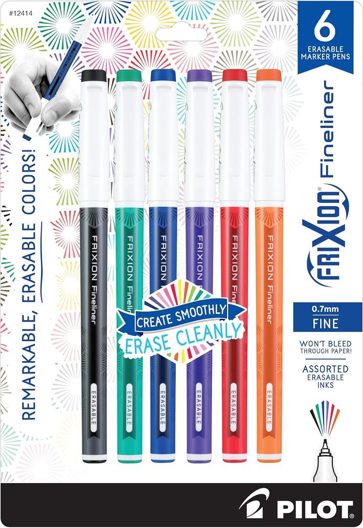 Pilot FriXion Fineliner Erasable Marker Pens, Fine Point 0.7 mm, Pack of 6, Assorted Colors, Erasable Pens - Ideal for School, Journaling, & Office Writing