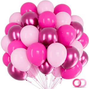 KAWKALSH 60pcs Pink Balloons Metallic, 12Inch Hot Pink Latex Balloon and Dark Magenta Balloons for Birthday Baby Shower Princess Party Decorations