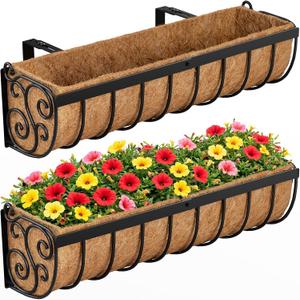 VOXOR Railing Planter Boxes, 24 Inch Window Boxes Planters, Balcony Planters with Adjustable Brackets & Coco Liner & Support Rod for Outdoor Fence, Deck, Porch, and Patio Gardening, 2 Pack