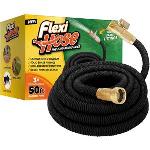 Flexi Hose Upgraded Expandable Garden Hose 50 ft Extra Strength 3/4 Solid Brass Fittings - The Ultimate No-Kink Flex 50 ft Water Hose (Black, 50FT)