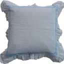Creative Co-Op Cotton and Linen Pillow with Embroidered Stripes and Ruffle, Blue