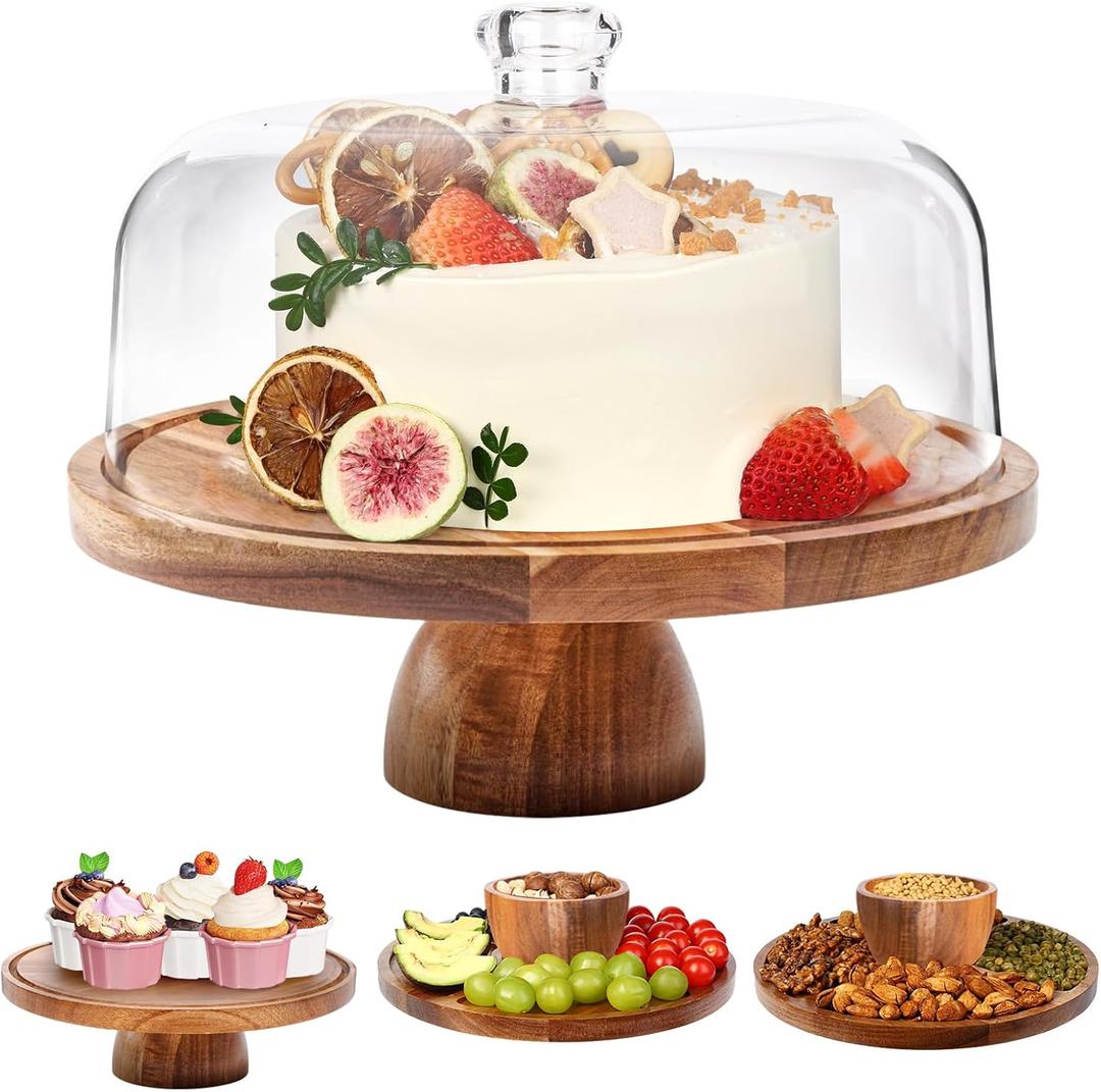 Acacia Wood Cake Stand with Lid, 12in Round Cake Holder, 2-in-1 Cake Plates with Acrylic Dome, Dessert Table Display Set for Party Birthday Kitchen Wedding
