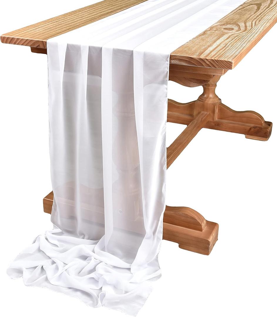 DOLOPL 10ft White Chiffon Table Runner Wedding Table Runner,29x120 inches Gauze Table Runner,Rustic Sheer Table Decor for Romantic Bridal Shower, Baby Shower, Birthday Party Cake Table