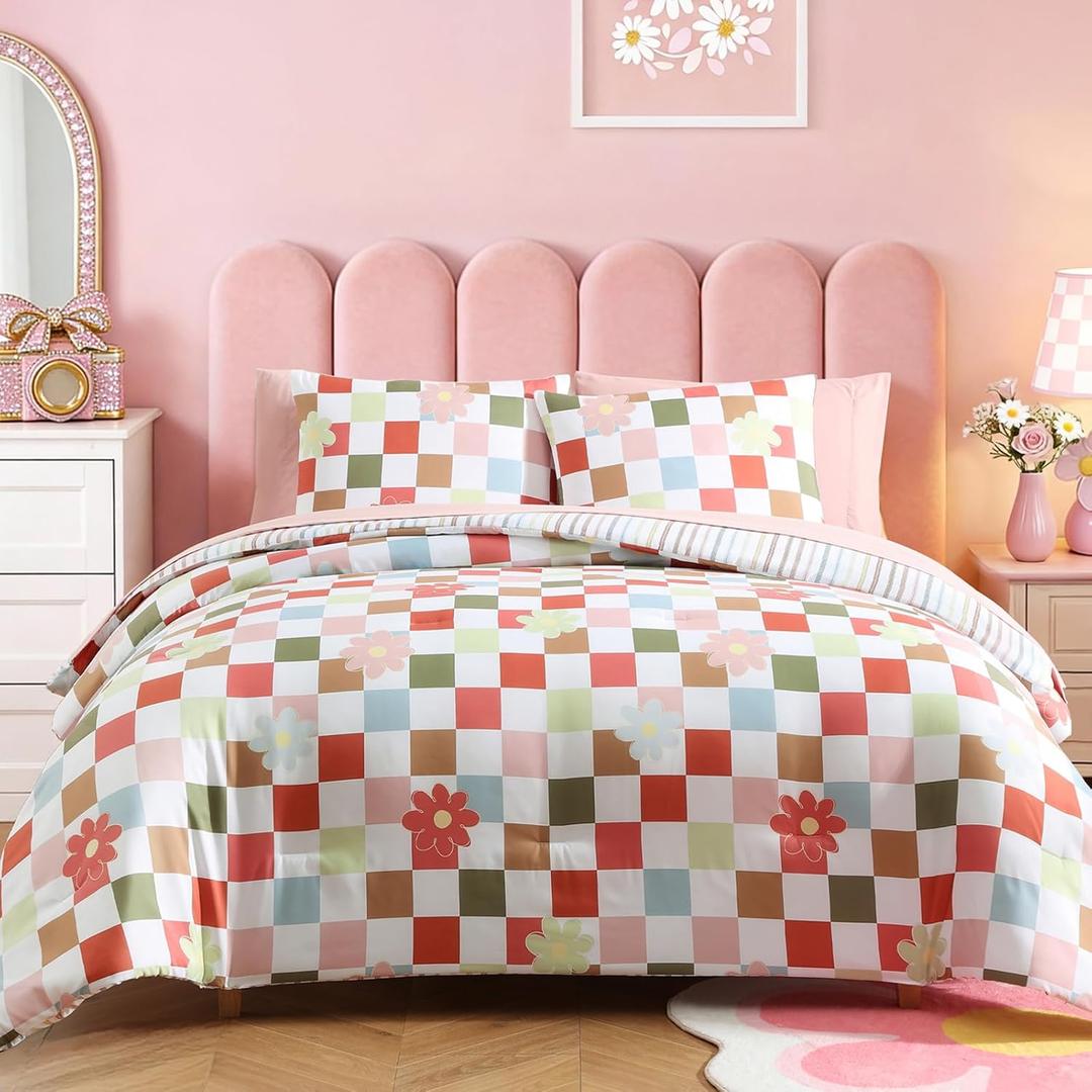 AMBERSPACE Queen Comforter Set for Girls, Colorful Checkered Bedding Set with Cute Floral, All Season Plaid Kids Bed in a Bag 7 Pieces with Sheets, Pillowcases & Shams