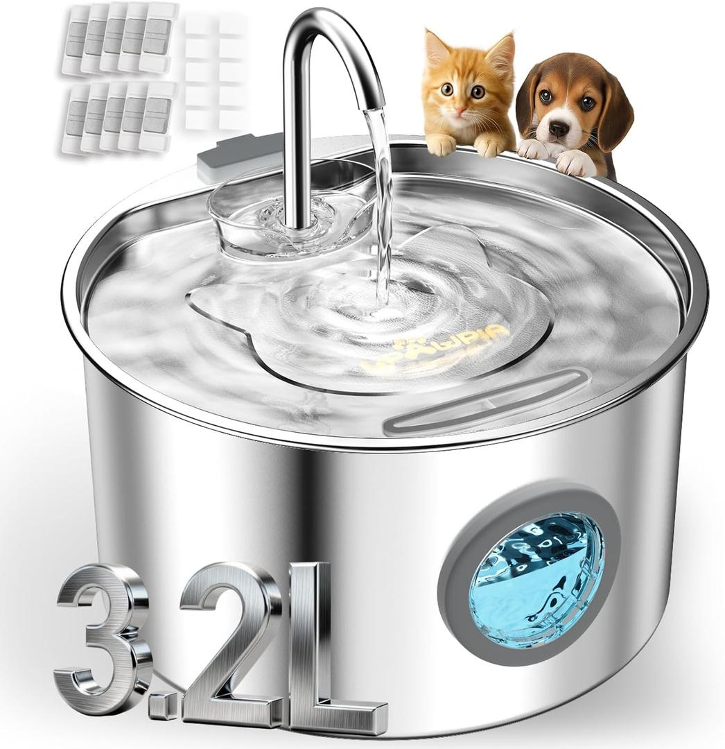3.2L Cat Water Fountain Stainless Steel with 20 Filters Automatic Pet Water Fountain for Cats/Dogs Indoor Ultra Quiet Metal Cat Fountains for Drinking Kitty Watering Supplies for Animals