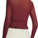 KICZOY Women See Through Tee Tops Long Sleeve T Shirt Sexy Mesh Sheer Mock Neck Layering Lace Tshirt (XS)