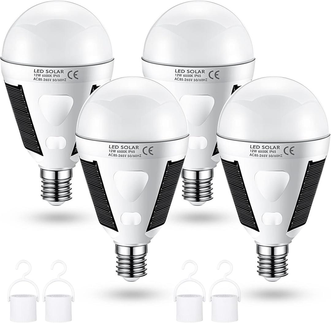 Tarpop 3 Pcs Emergency Solar Rechargeable 12W Solar Light Bulbs 6500K Portable LED Emergency Light Bulb Battery Backup for Home Power Outage or Power Failure, Outdoor Camping