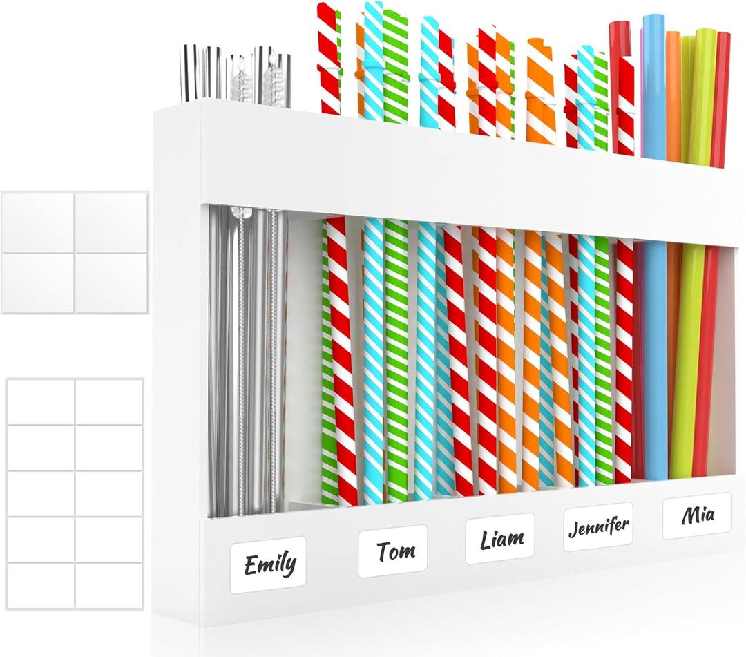 9.8 Large Acrylic Straw Holder for Cabinet Door with Ultra Sticky Adhesive Squares and Stickers, 2025 Reusable Straws Organizer Storage Dispenser for Kitchen Counter Cupboard(White)