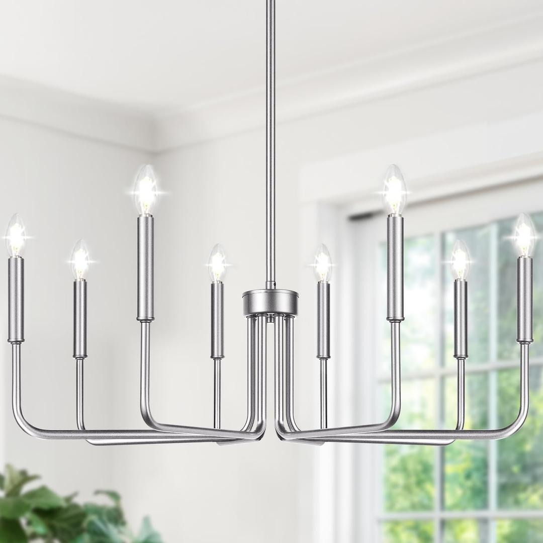 8-Light Farmhouse Chandelier for Dining Room Lighting Fixtures Hanging, Brushed Nickel Dining Light Fixtures Industrial Chandelier for Bedroom, Foyer, Hall, Kitchen, Living Room and Entryway