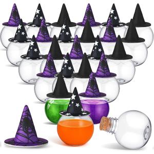 Coume 24 Pcs 6.8oz/ 200ml Spherical Plastic Potion Bottles with Hat Ball Shape Round Bottles for Drink Candy Jar Halloween Party Table Decoration DIY Crafts Gifts Favor