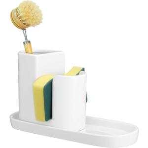 Geelin 3 in 1 Ceramic Kitchen Sink Caddy Dish Sponge Holder Scrub Brush Holder and Soap Tray for Kitchen Organizer White Rustic Farmhouse Supplies(White)