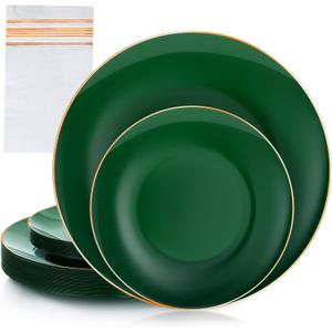 40 PCS Green Plastic Plates, Green Disposable Plates With Gold Rim, Heavy Duty Plastic Plates include 20 Dinner Plate, 20 Dessert Plate, 20 Napkins for Party Wedding St patricks day
