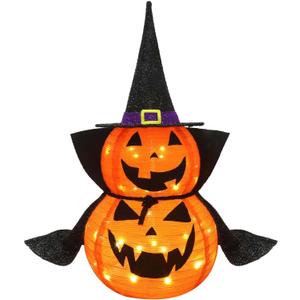 3FT Halloween Collapsible Pumpkin Decoration, 50 LED Pop-Up Pumpkin Lamp with Star Cap, Plug in Halloween Jack-O-Lantern with Metal Stand for Indoor Outdoor Garden Patio Party Decor