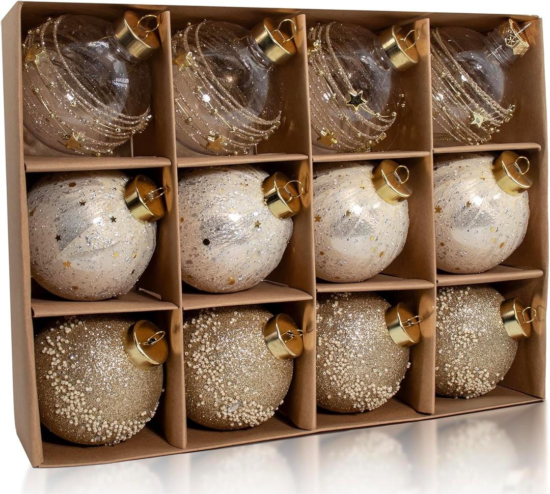 12PCS Clear Glitter Christmas Ball Ornaments, 3.15" Champagne Gold Sequin Christmas Decoration Set, Large Hanging Ornaments for Xmas Tree, Wedding, Holiday, Party