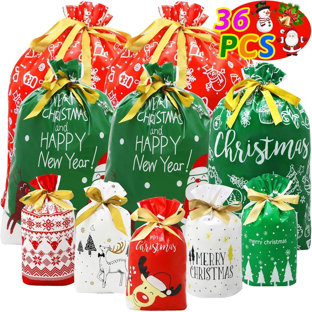 Tuzuaol 36 Pcs Christmas Drawstring Gift Bags Assorted Sizes Large Treat Candy Bags with Drawstring for Xmas Party Favor