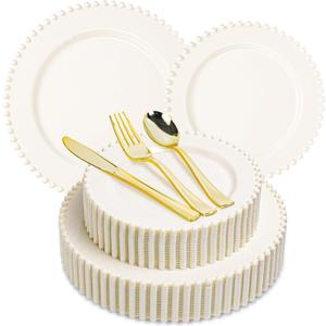 150PCS Ivory Plastic Plate Dinnerware Set, 30 Guests Disposable Beaded Edge Plates, 30 Dinner and 30 Dessert Plates, 90 Gold Silverware for Party, Wedding