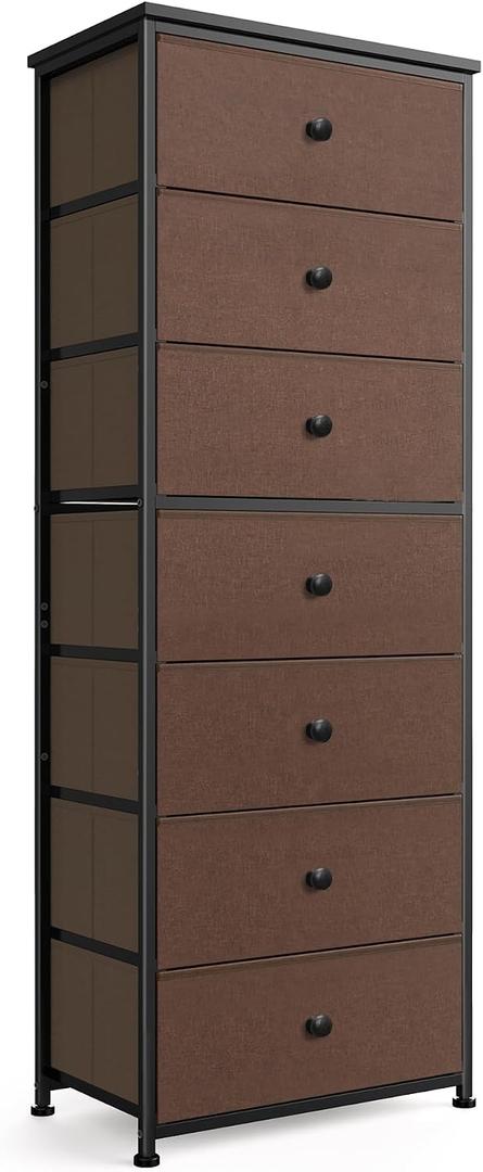 Mifuro Tall Fabric Dresser for Bedroom, Vertical Storage Organizer Tower with 7 Drawers, Chest of Drawers with Bins, Steel Frame, Wood Top for Bedroom, Closet, Entryway Grey