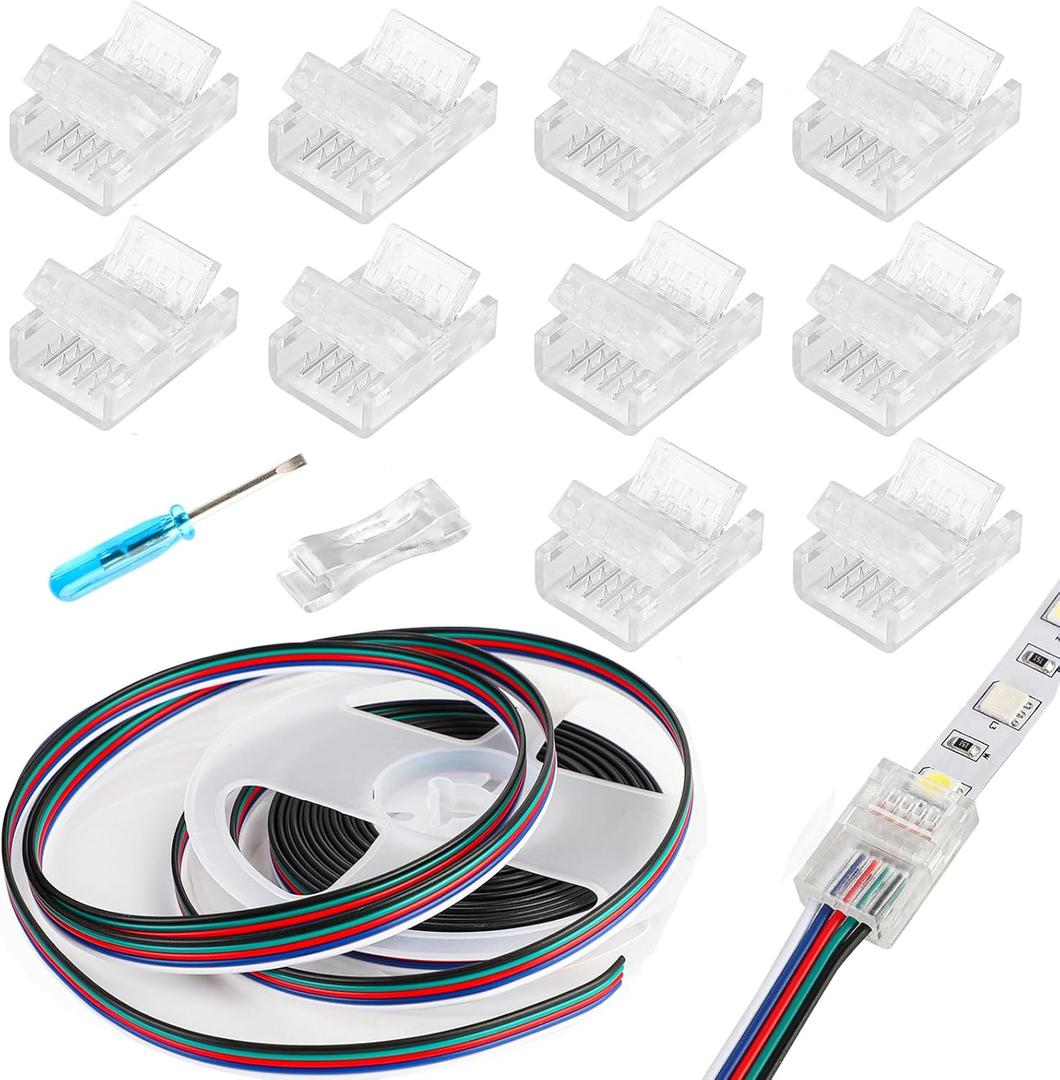 HOMELYLIFE 5 Pin LED Strip Connectors 12mm Solderless 10 Pcs with 16.4ft Extension Cable 5 Conductor for Waterproof or Non-Waterproof 12mm Wide RGBW RGBWW LED Strip Lights