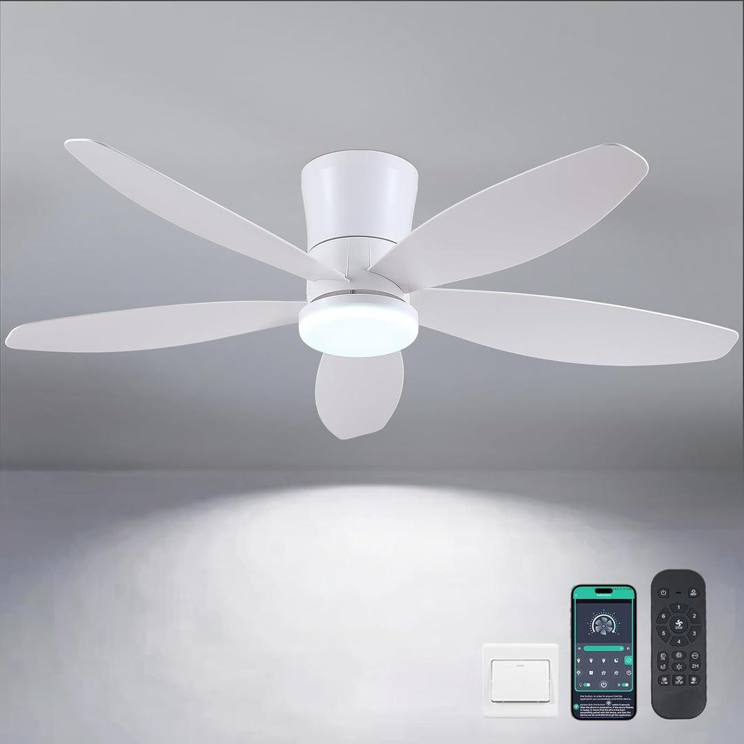48" Ceiling Fans with Lights-Low Profile Ceiling Fan with Light and Remote/APP Control,Flush Mount,DC Reversible,LED Dimmable Modern Ceiling Fans for Bedroom,Indoor/Outdoor Patio Use(White)
