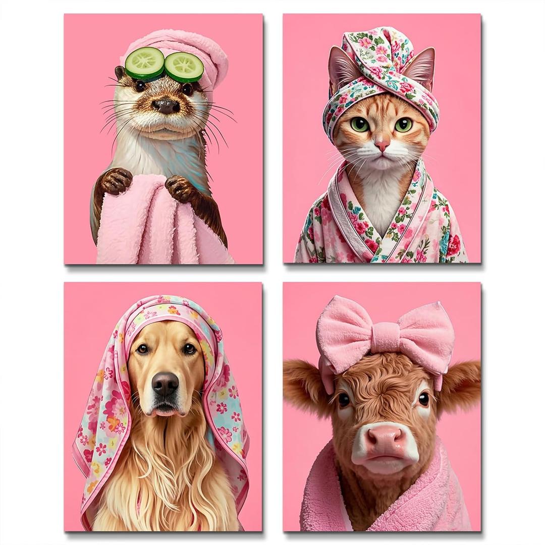 Pink Animals Bathroom Wall Art Decor,Funny Dog,Cow,Cat Bathroom Canvas Printing,Animal Art Posters Cute Girl Bedroom Wall Decoration Set of 4 (8x10inch,Unframed)
