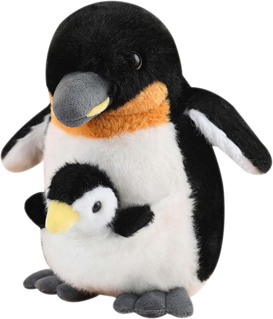Plush Mum Penguin with Baby Stuffed Toys Pretend Play Animals Dolls Gifts for Kids 10 Inches