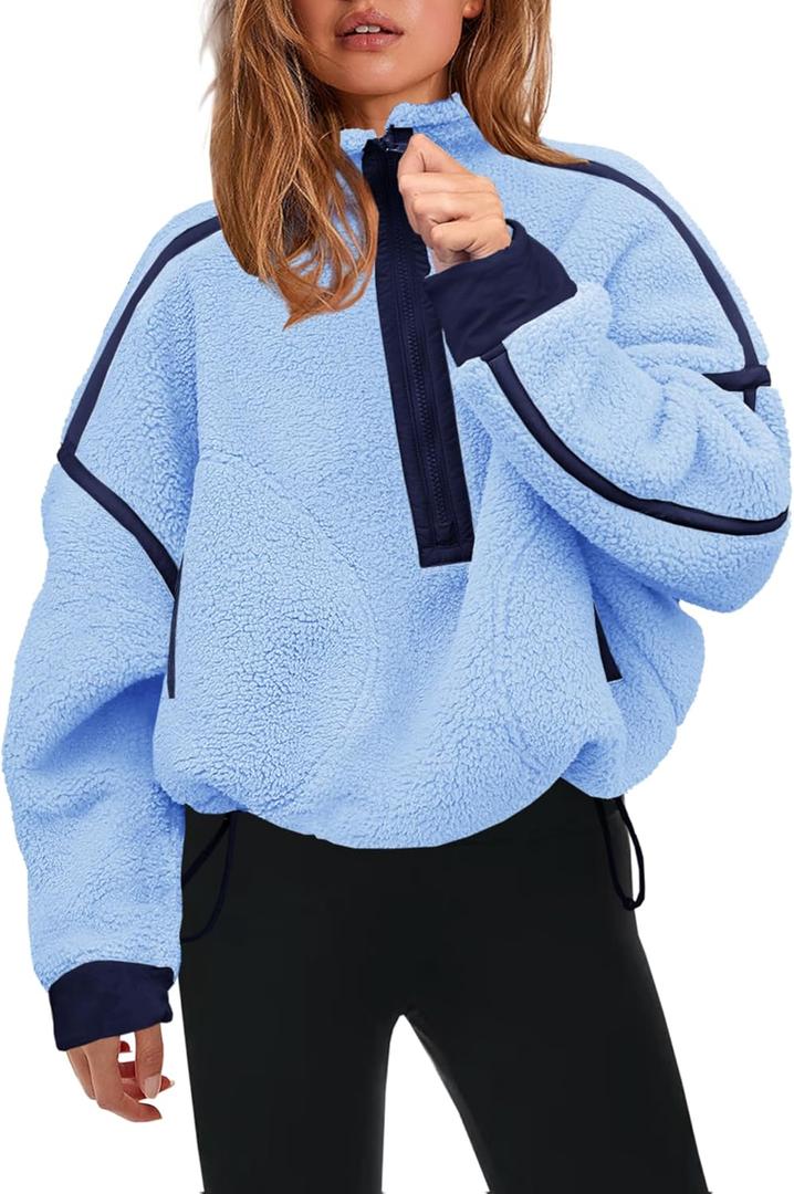 Panadila Womens Half Zip Sherpa Fleece Pullover Soft Oversized Sweatshirt with Pockets Warm Fuzzy Sweater (Blue, M)