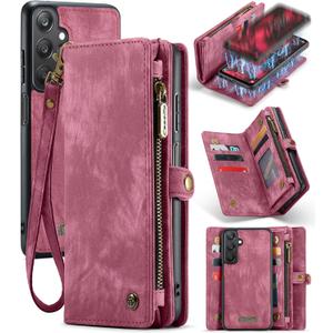 GooodiDEAR for Samsung A25 Case, Shockproof Card Holder Flip Magnetic 2-in-1 Detachable Zipper Slots Wallet Cover for Samsung Galaxy A25 5G, Anti-Scratch Leather TPU Bumper Luxury Purse Holster, Red