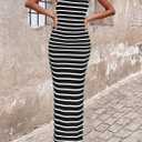 PRETTYGARDEN Sundresses for Women 2026 Summer Striped Knit Side Slit Spring Fashion Bodycon Maxi Dress Beach Vacation Clothes, M